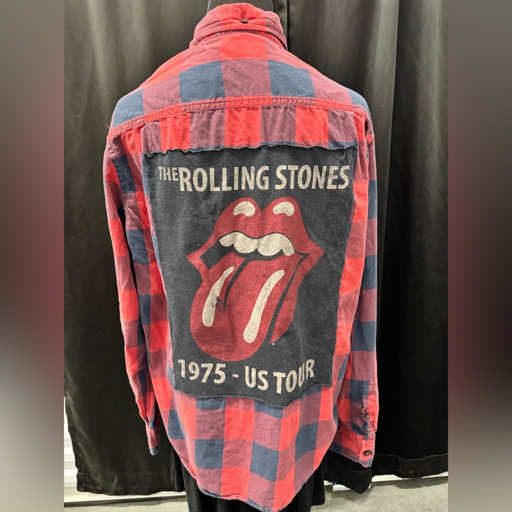 American Eagle Outfitters Red and Blue Plaid Shirt with Rolling Stones Graphic